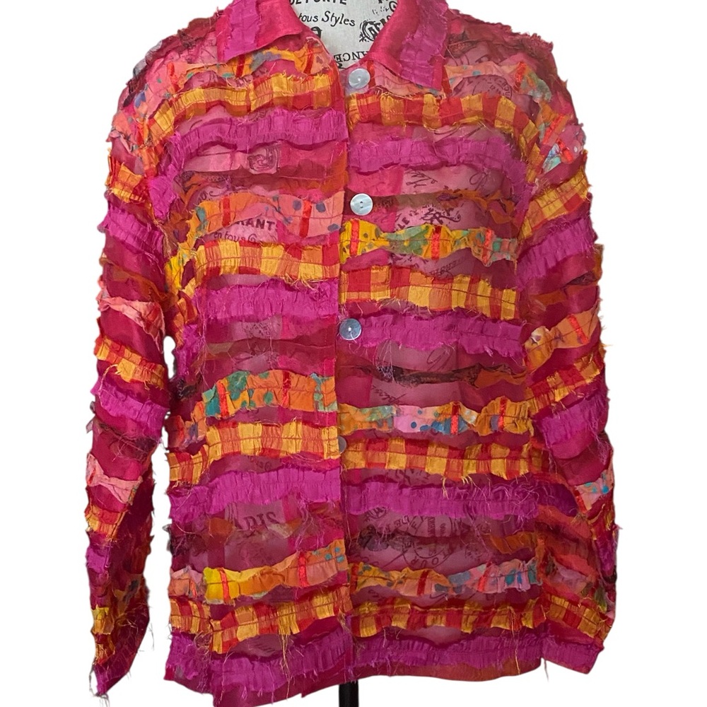 Vibrant Pink and Orange Ruffled Button-Front Blouse